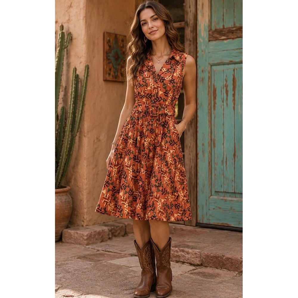 Miss Lulo Belted Shirt Dress Medium Southwest Geometric Desert‎ Print Pockets